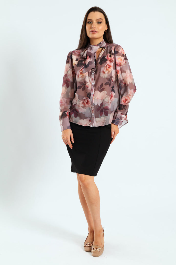 Kitty Bow Rosy Floral Blouse - Mauve