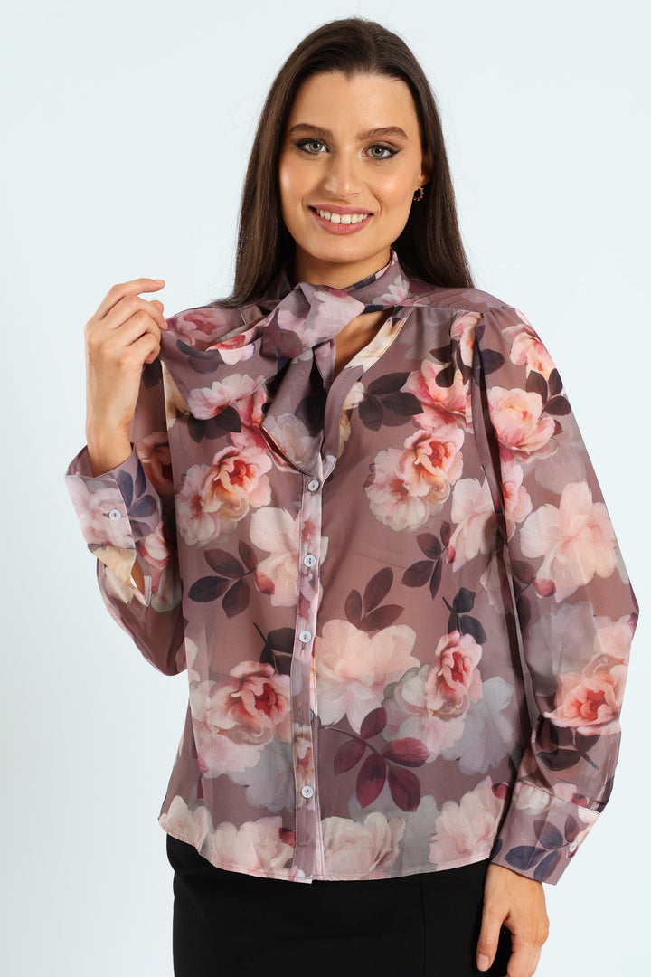 Kitty Bow Rosy Floral Blouse - Mauve