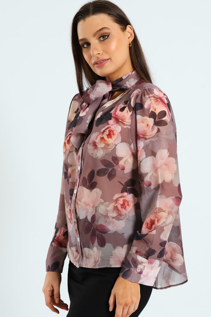 Kitty Bow Rosy Floral Blouse - Mauve