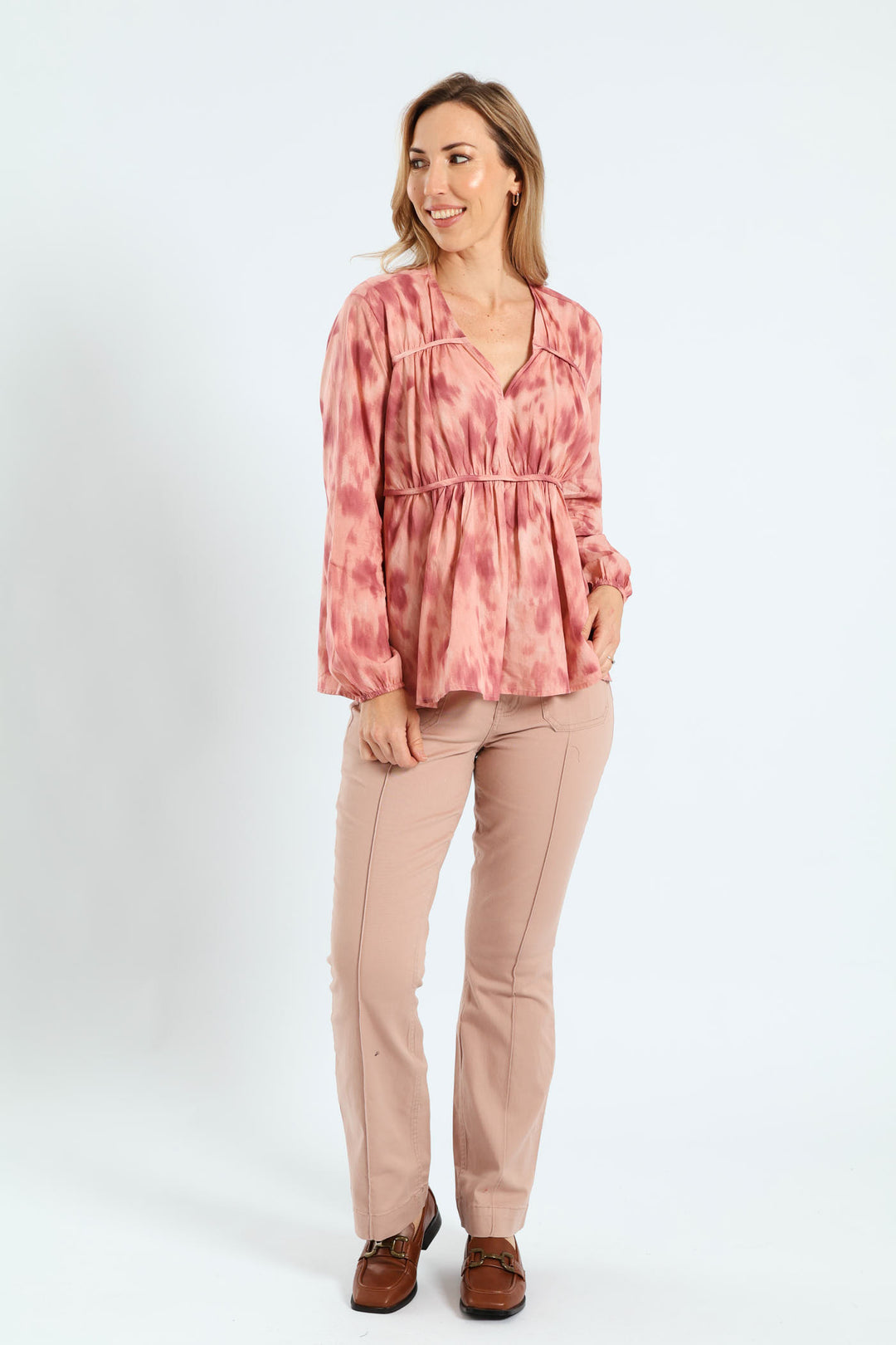 V-Neck Tiered Tent Babydoll Blouse - Blush