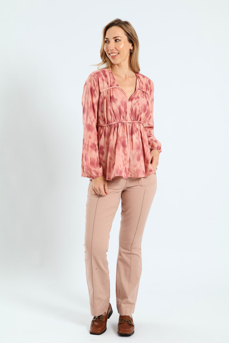 V-Neck Tiered Tent Babydoll Blouse - Blush