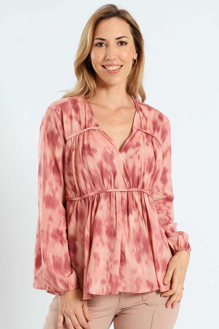 V-Neck Tiered Tent Babydoll Blouse - Blush