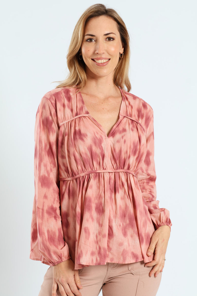 V-Neck Tiered Tent Babydoll Blouse - Blush