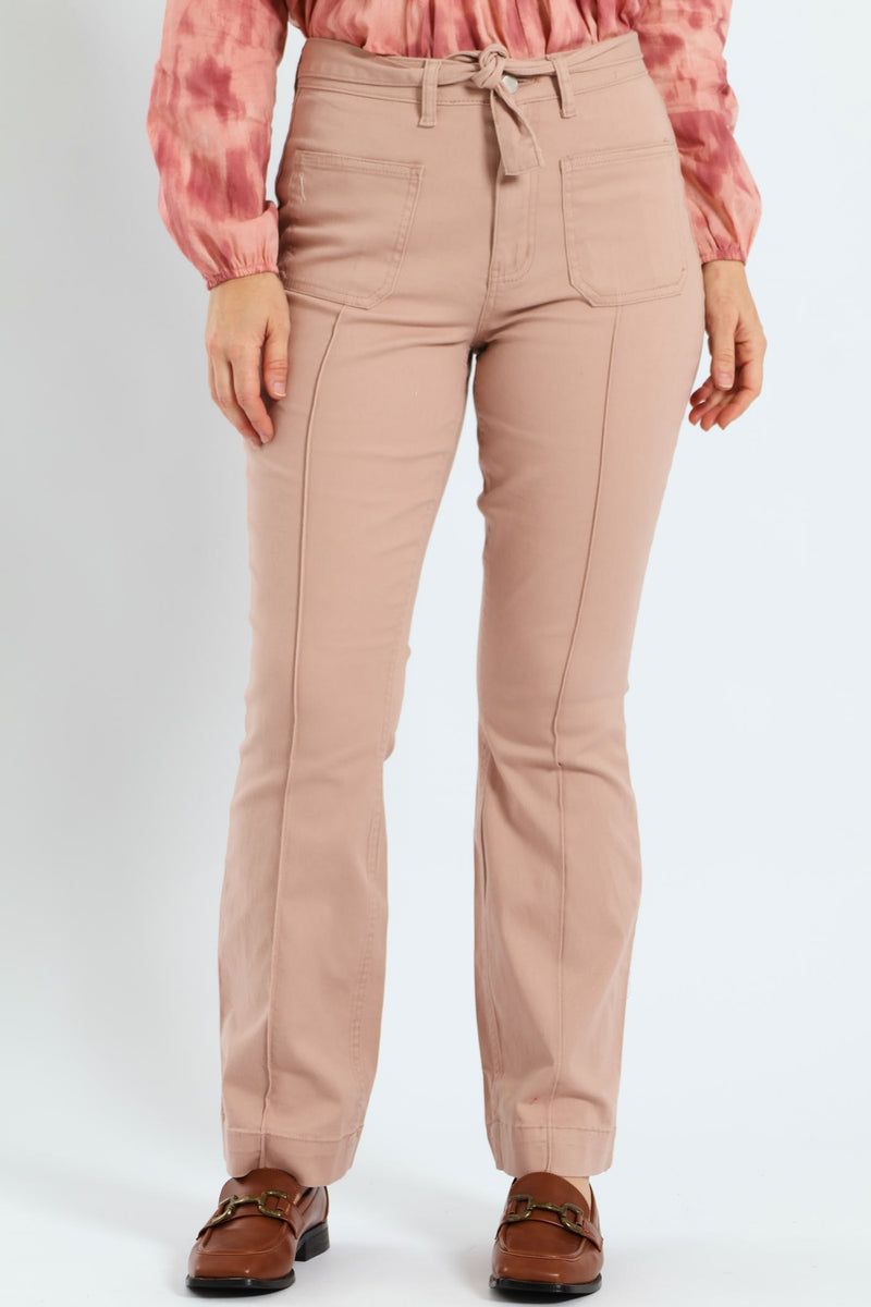 Flared Self Belted Crease Front Denim - Dusty Pink