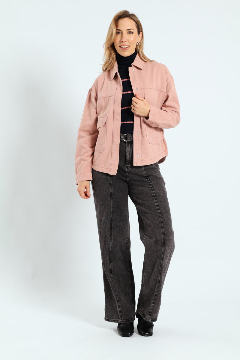 Flap Pocket Cropped Denim Shacket - Rose