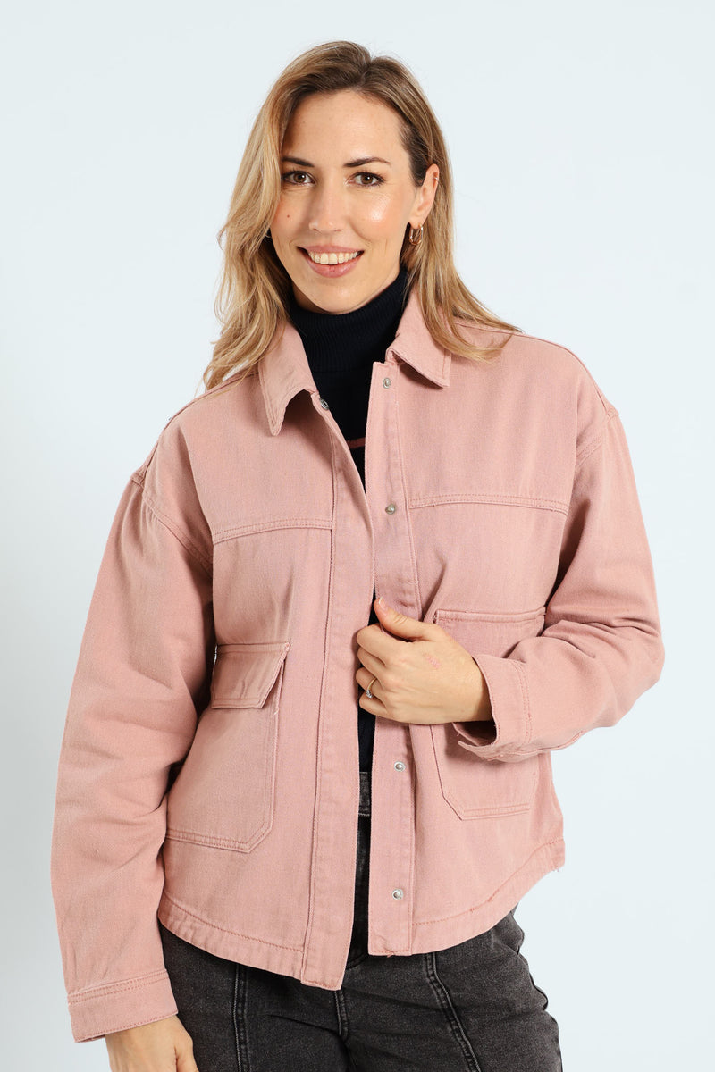 Flap Pocket Cropped Denim Shacket - Rose