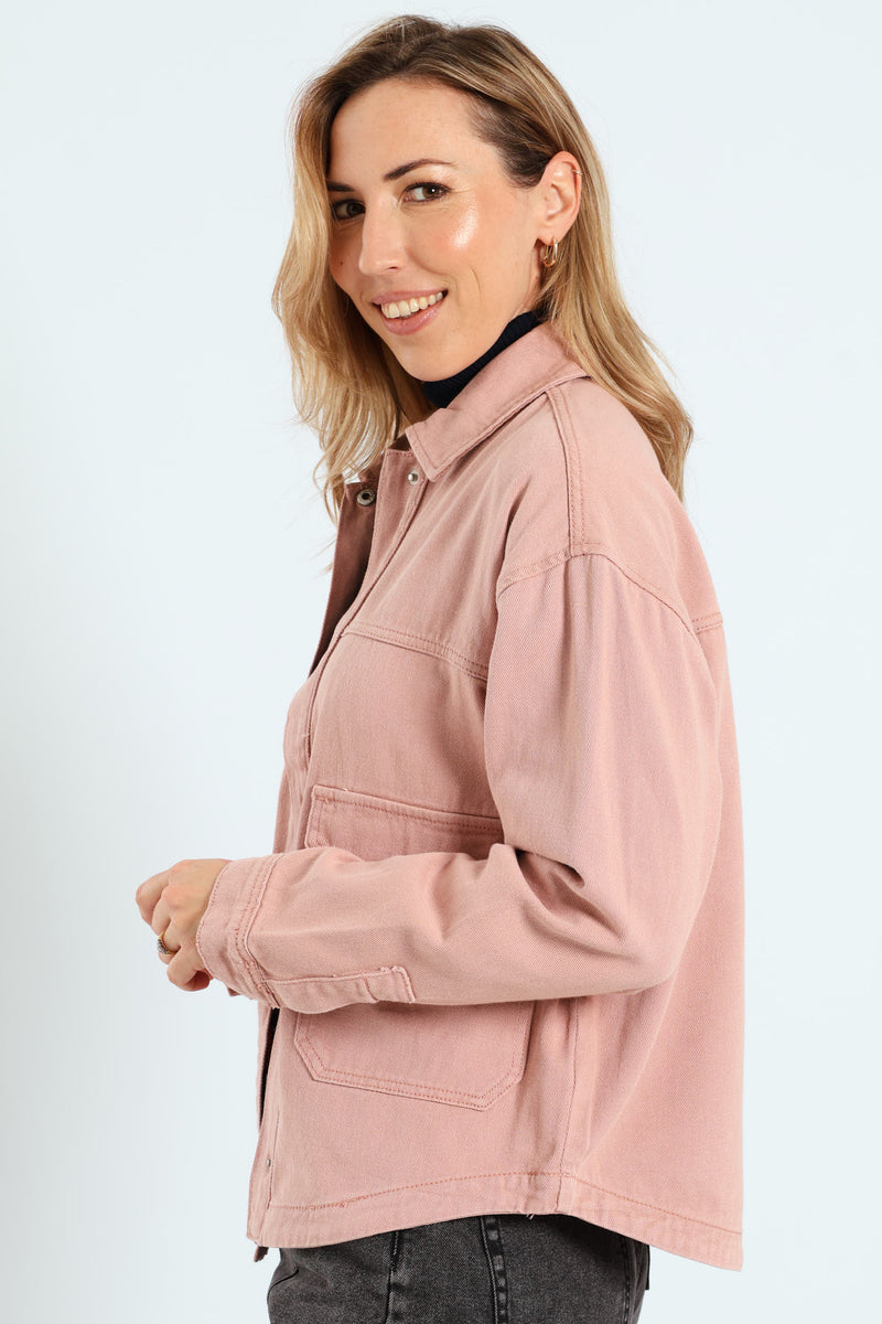 Flap Pocket Cropped Denim Shacket - Rose