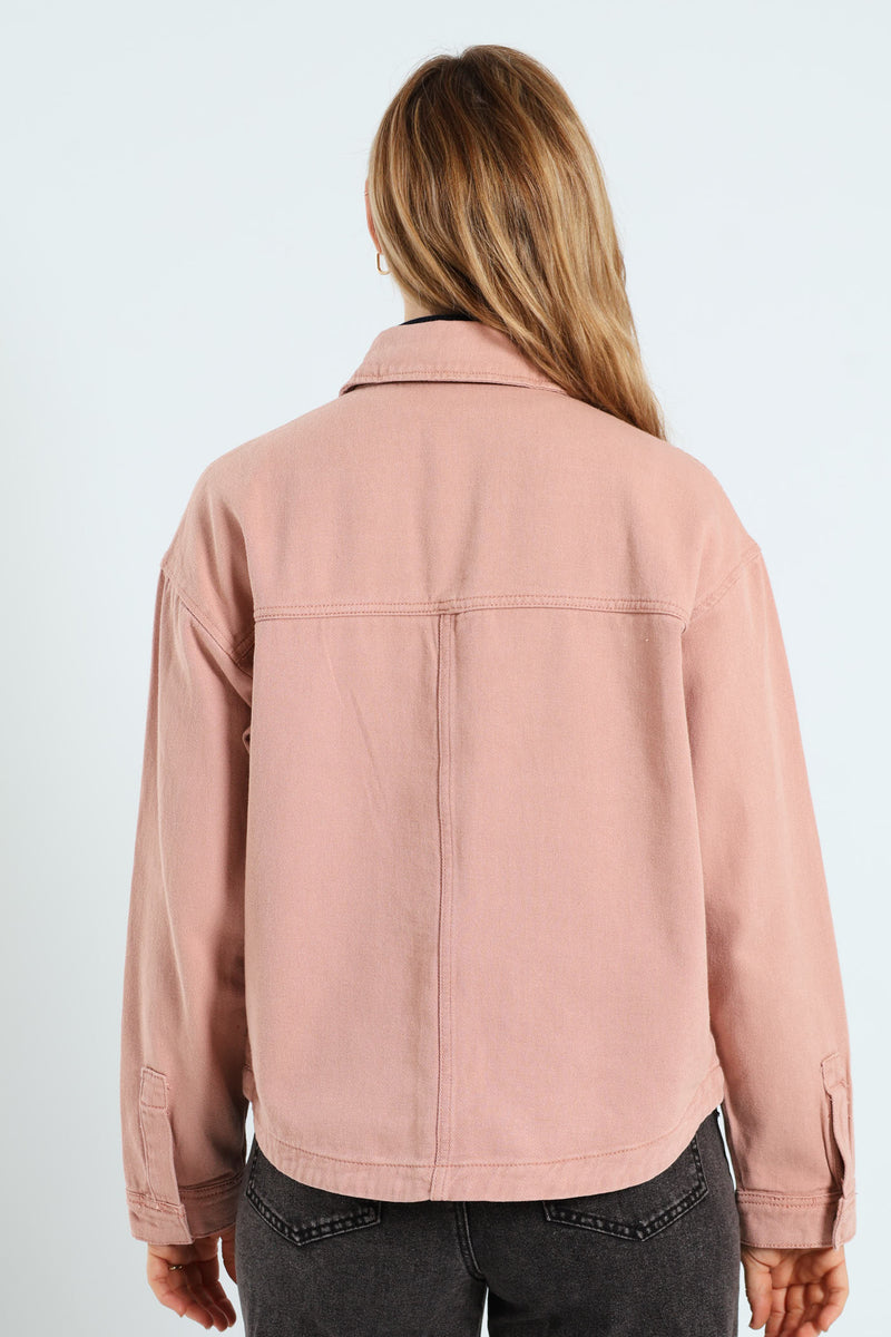 Flap Pocket Cropped Denim Shacket - Rose