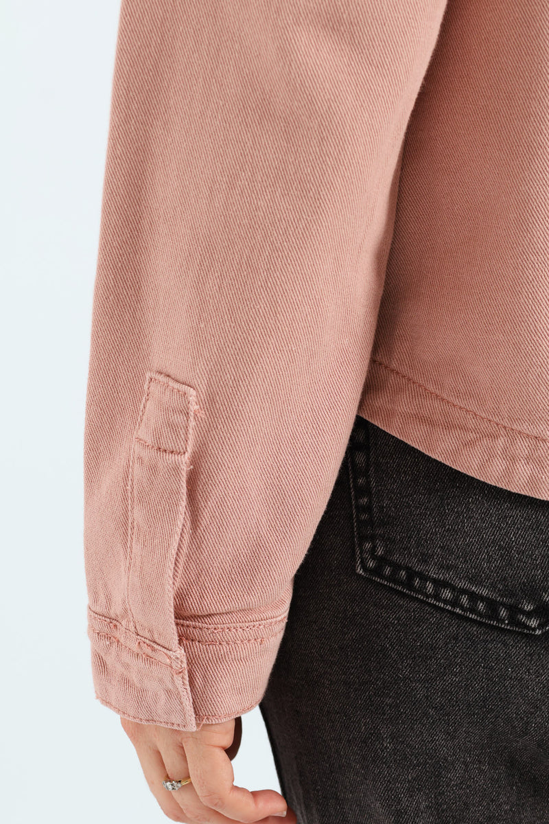 Flap Pocket Cropped Denim Shacket - Rose