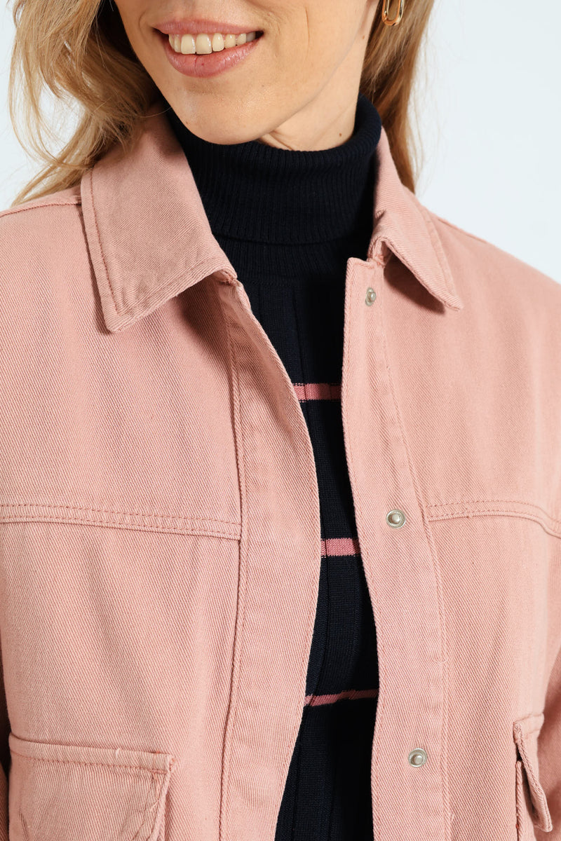 Flap Pocket Cropped Denim Shacket - Rose