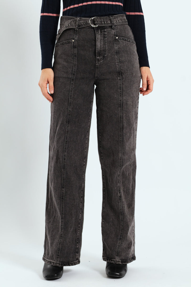 Hi-Rise Wide Leg Panelled Jean - Dark Grey