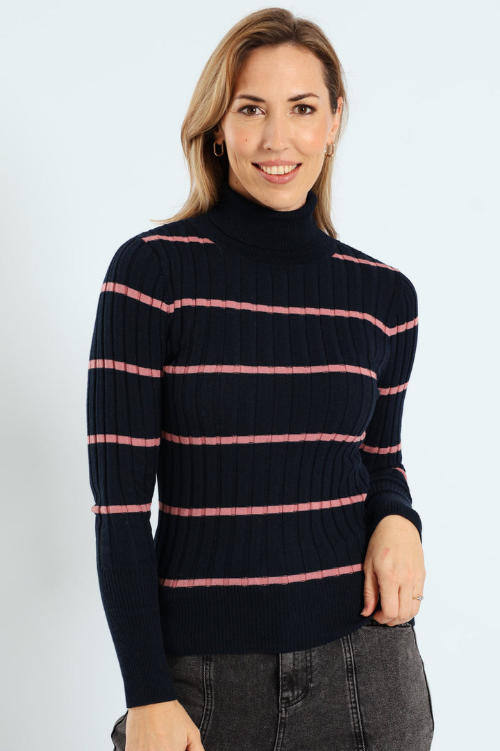 Ribbed Striped Poloneck - Navy/Blush