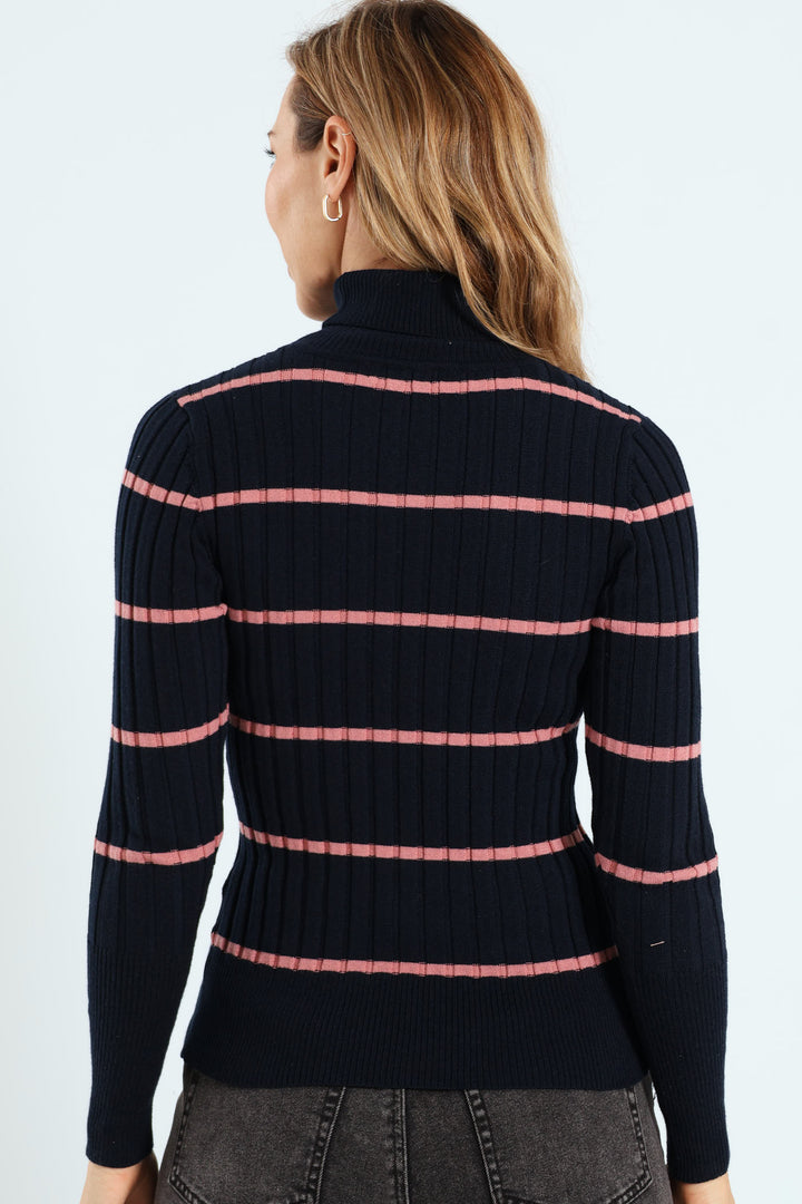 Ribbed Striped Poloneck - Navy/Blush