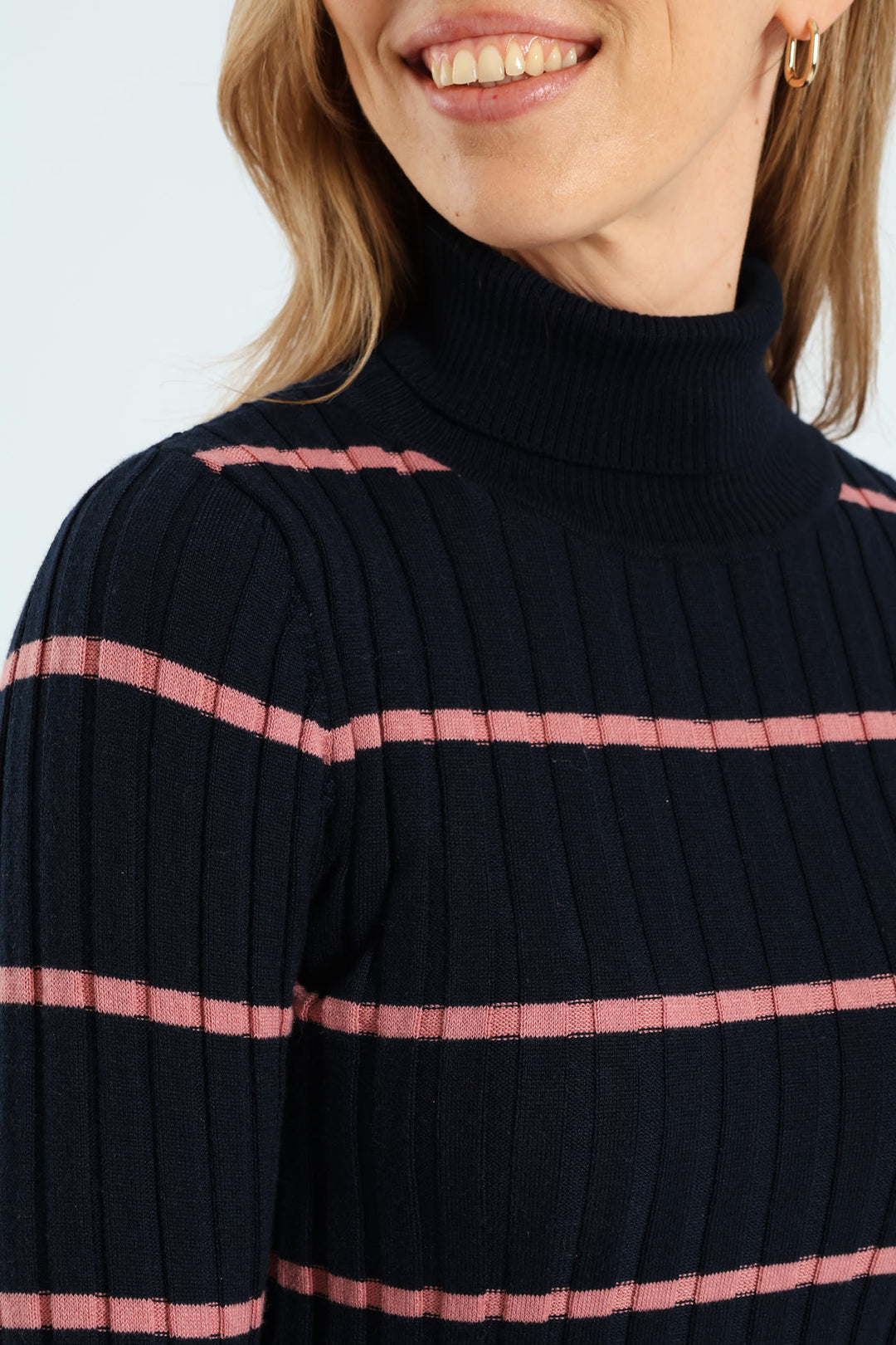 Ribbed Striped Poloneck - Navy/Blush
