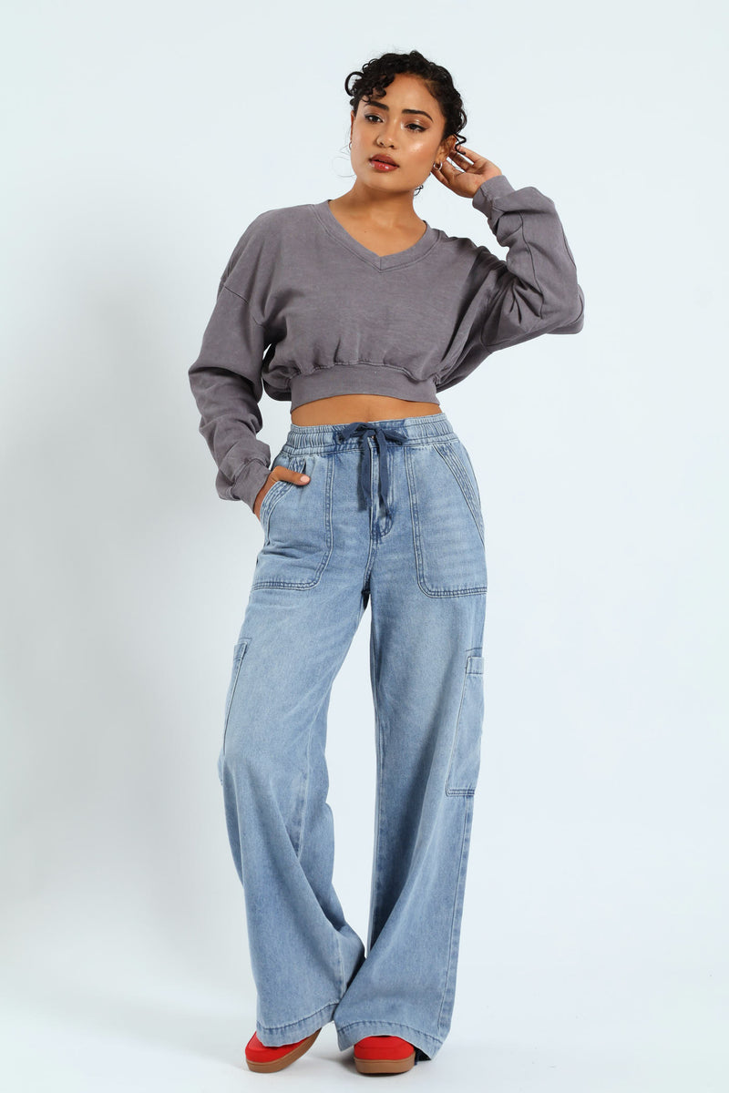 Cargo Wide Leg Denim - Salty Light Wash