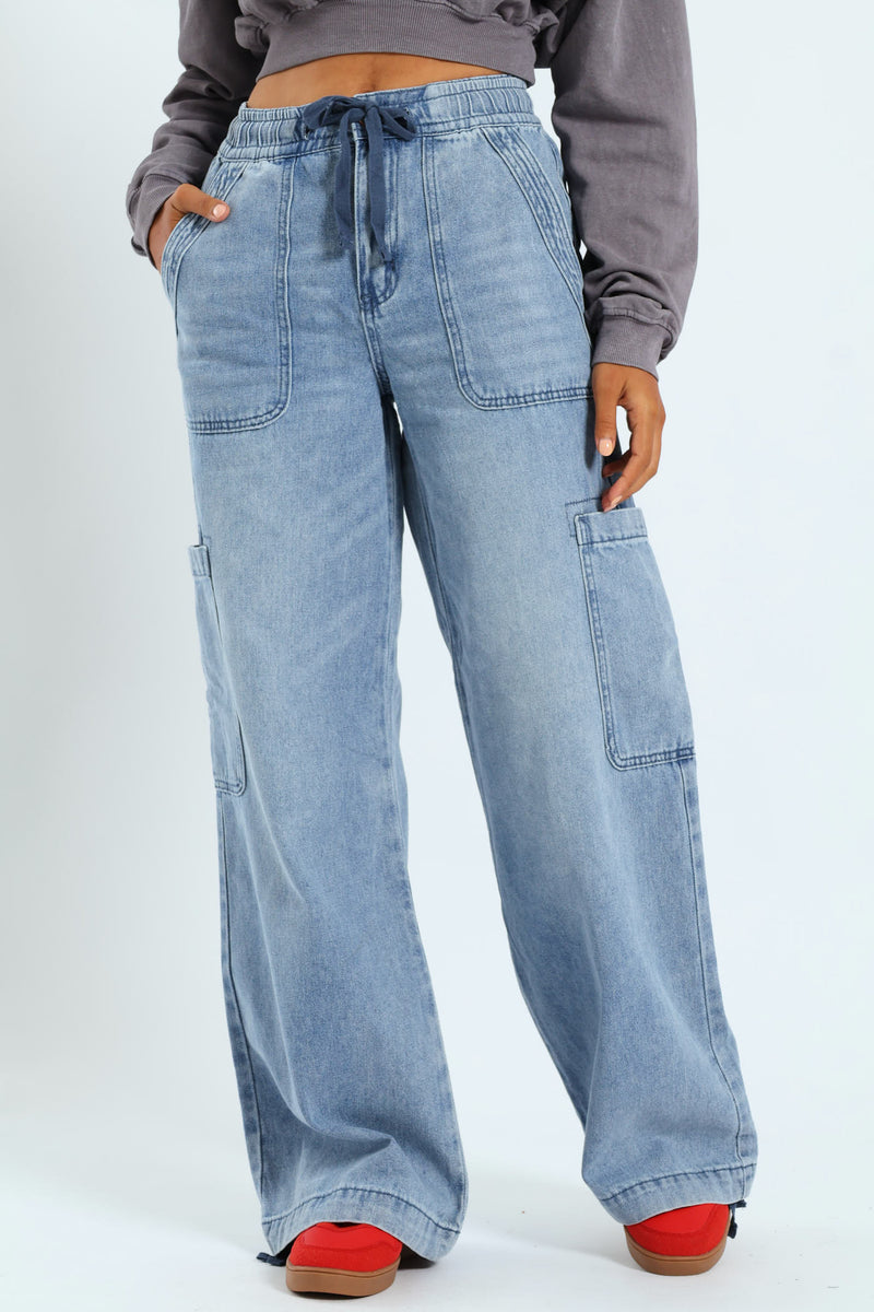 Cargo Wide Leg Denim - Salty Light Wash