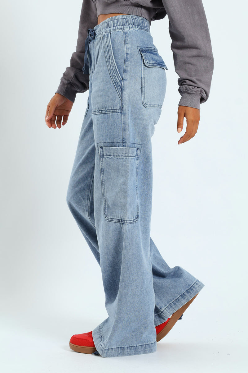 Cargo Wide Leg Denim - Salty Light Wash