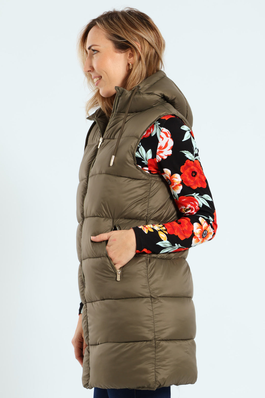 Sleeveless Zip Detail Puffer Gilet - Dark Sage