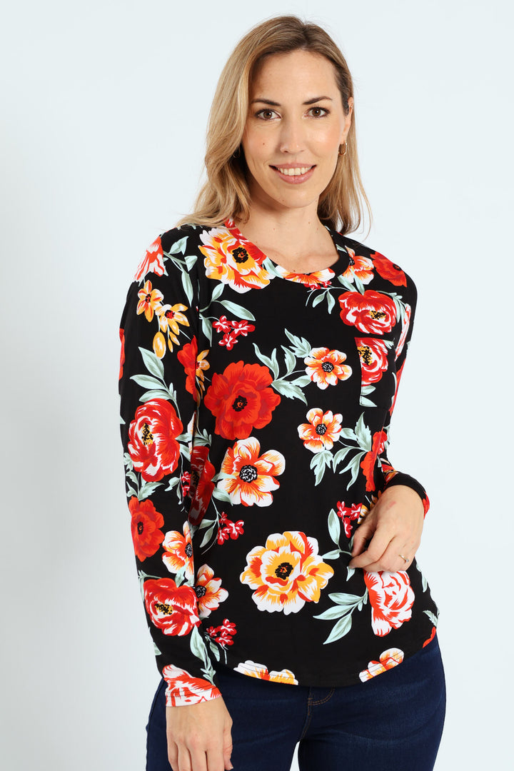 Long Sleeve Print Pocket Crew Top - Black/Red