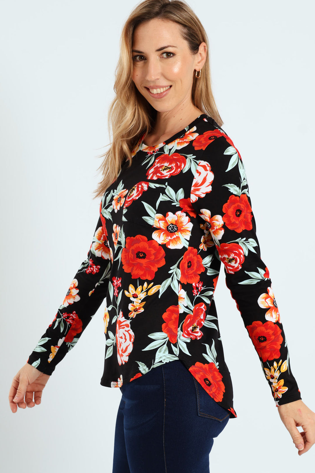 Long Sleeve Print Pocket Crew Top - Black/Red