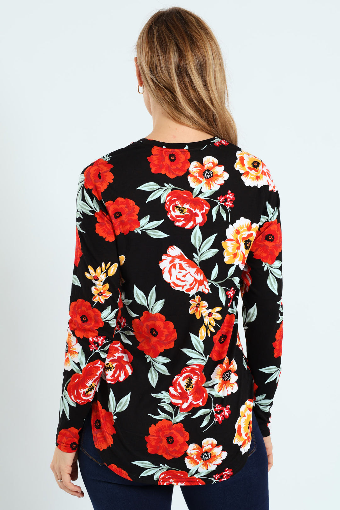 Long Sleeve Print Pocket Crew Top - Black/Red