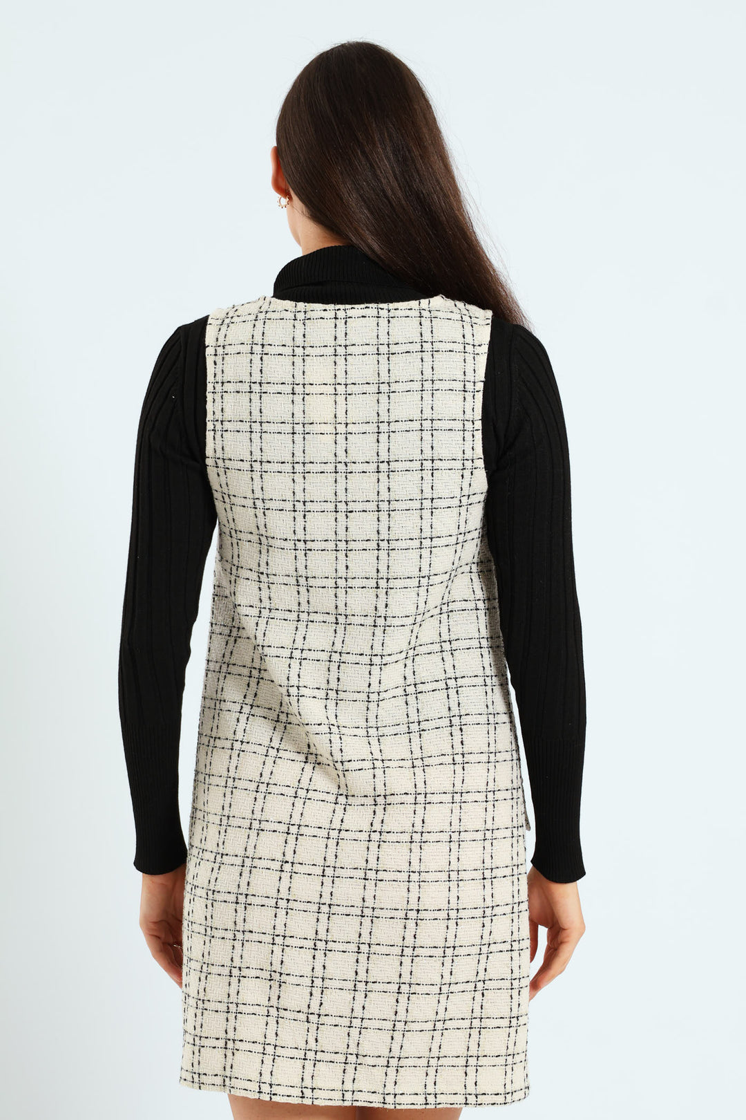 V-Neck Tweed Shift Dress - Cream/Black