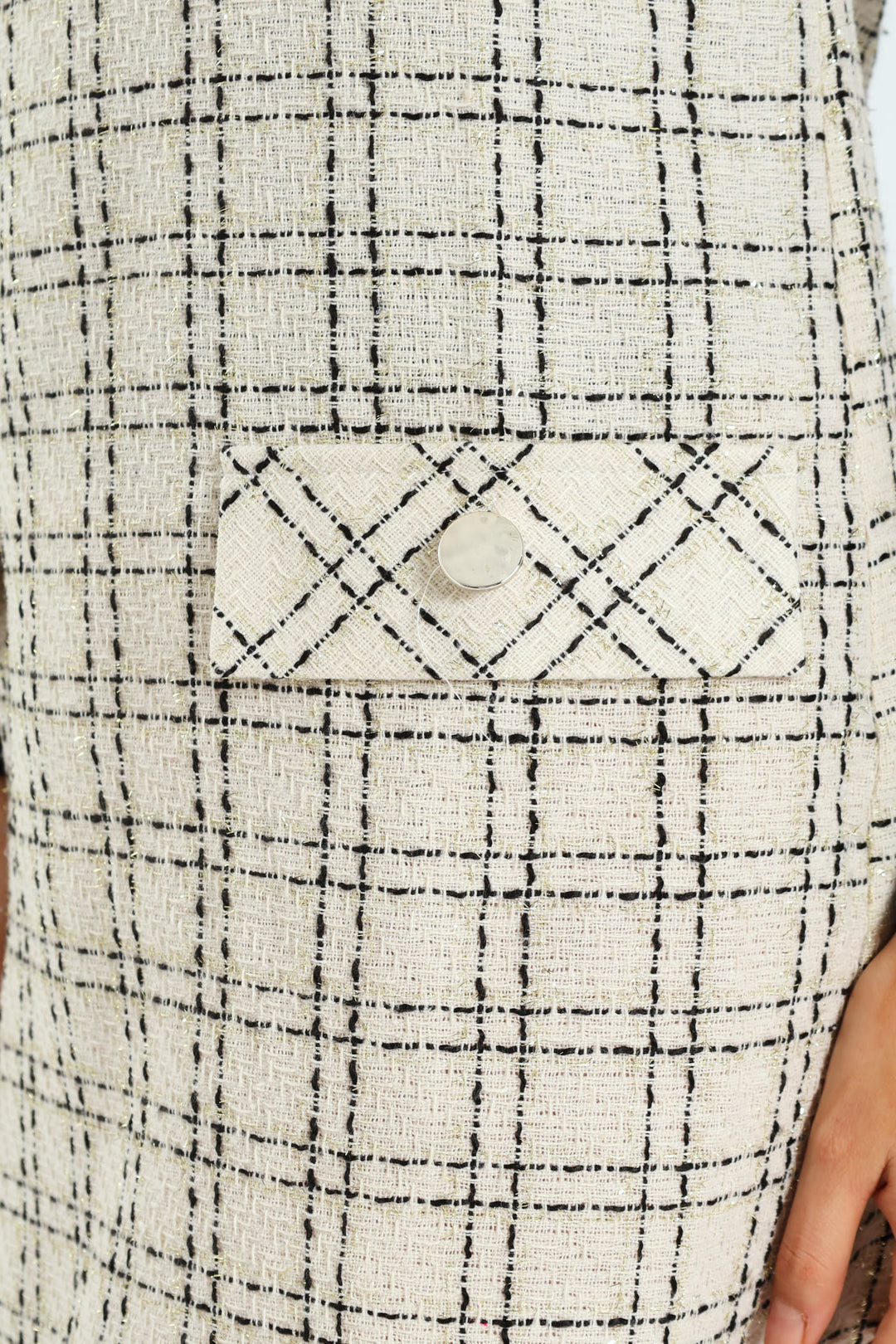 V-Neck Tweed Shift Dress - Cream/Black