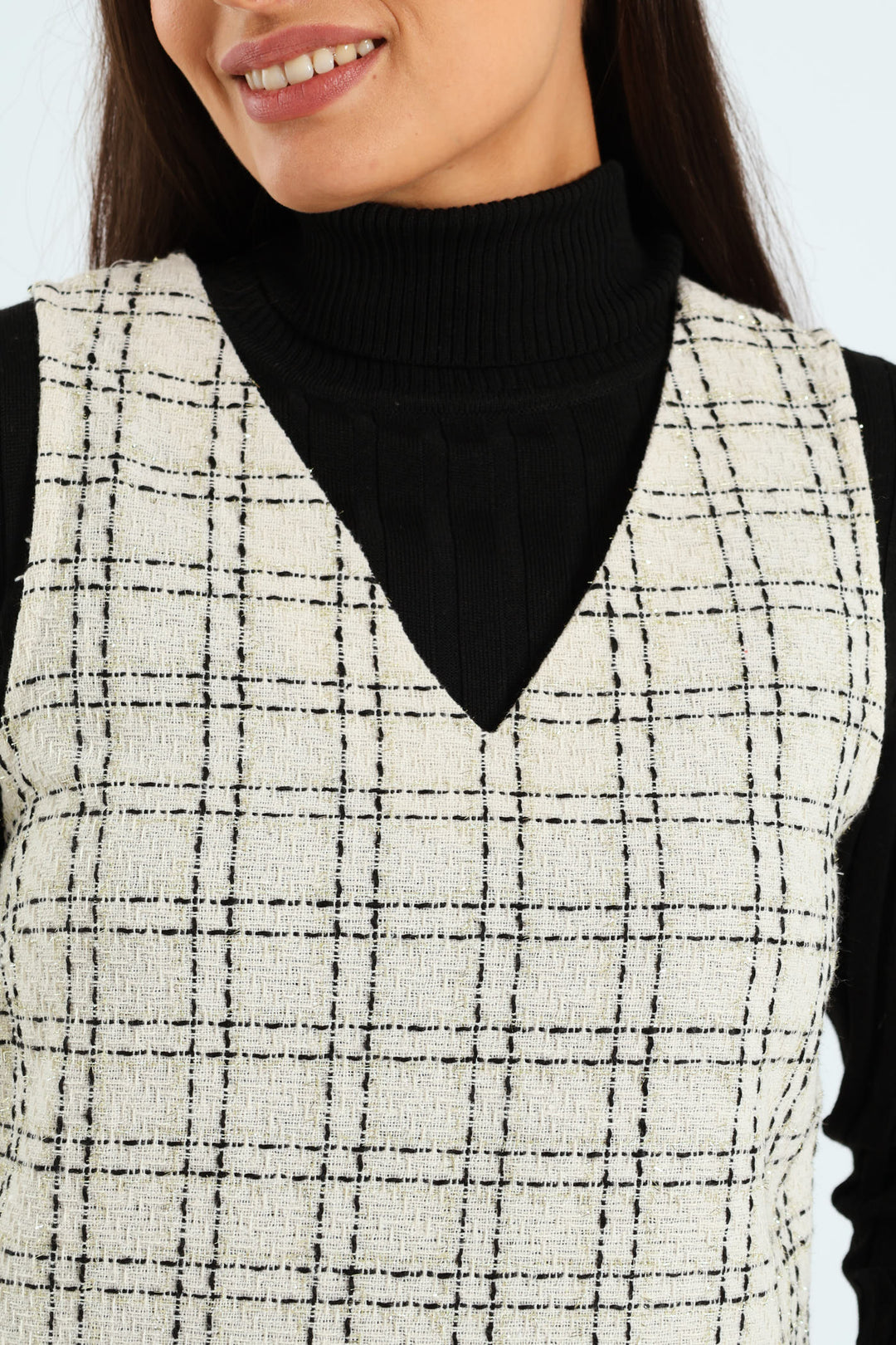 V-Neck Tweed Shift Dress - Cream/Black