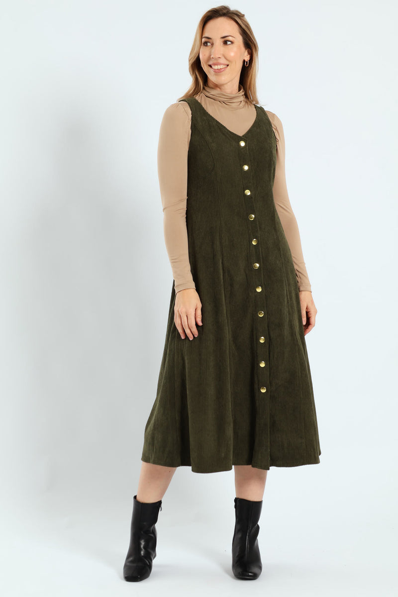 V-Neck Button Through Panelled Fit & Flare Corduroy Midi Dress - Dark Fatigue