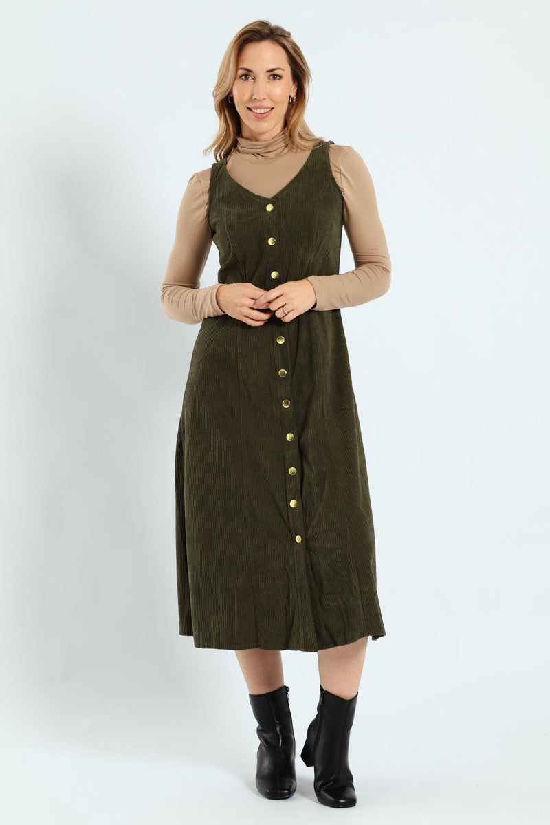 Ladies V-Neck Button Through Panelled Fit & Flare Corduroy Midi Dress