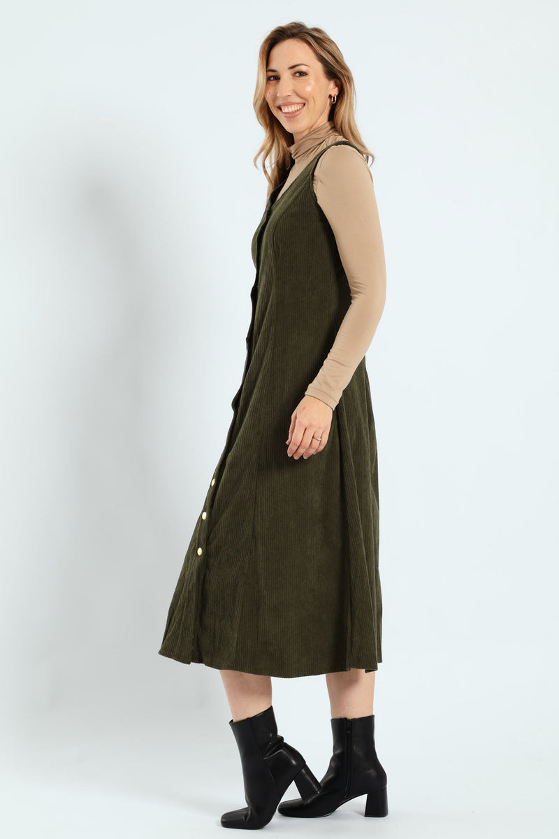 V-Neck Button Through Panelled Fit & Flare Corduroy Midi Dress - Dark Fatigue