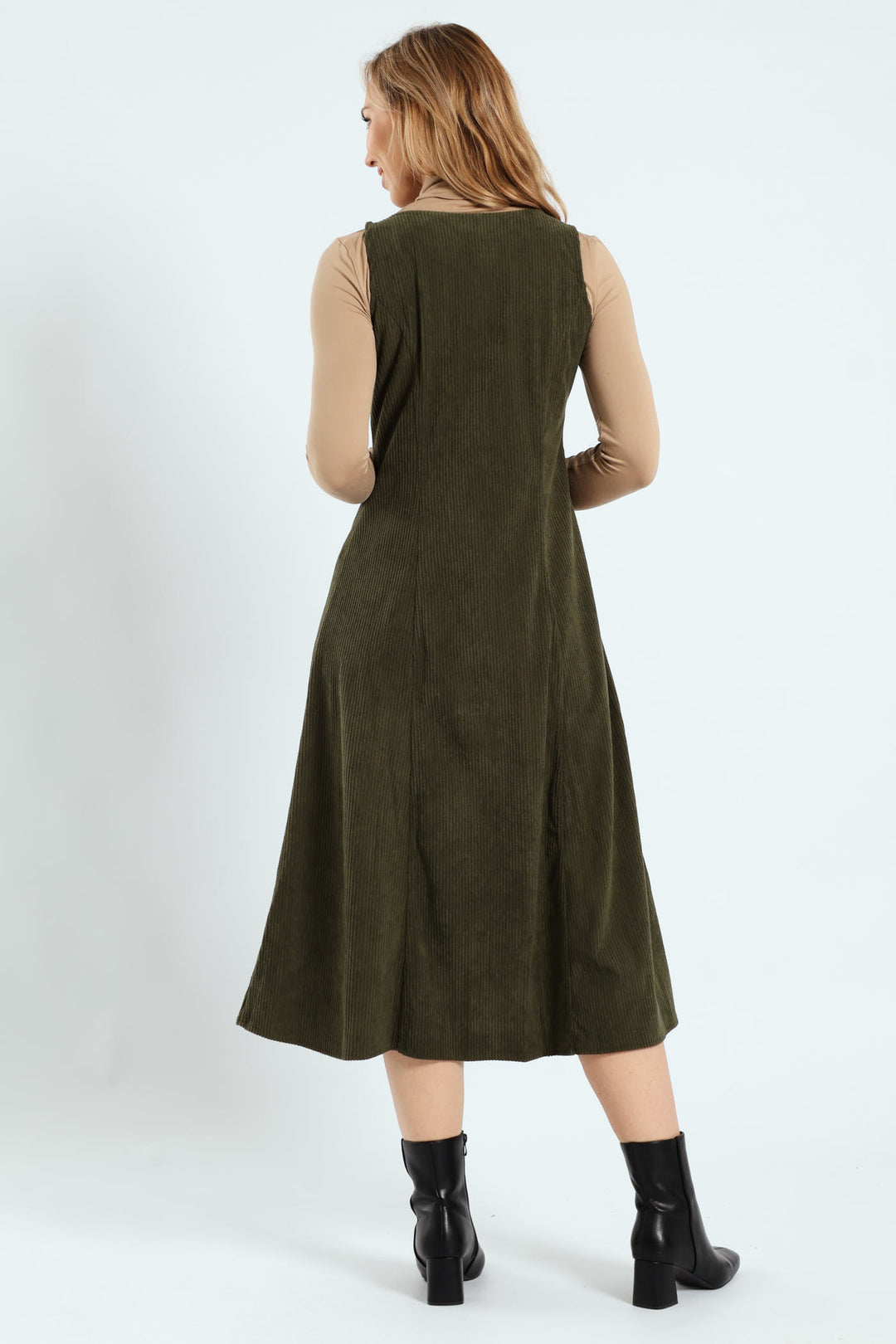 Ladies V-Neck Button Through Panelled Fit & Flare Corduroy Midi Dress - Dark Fatigue Edgars Ladies V-Neck Button Through Panelled Fit & Flare Corduroy Midi Dress - Dark Fatigue Edgars