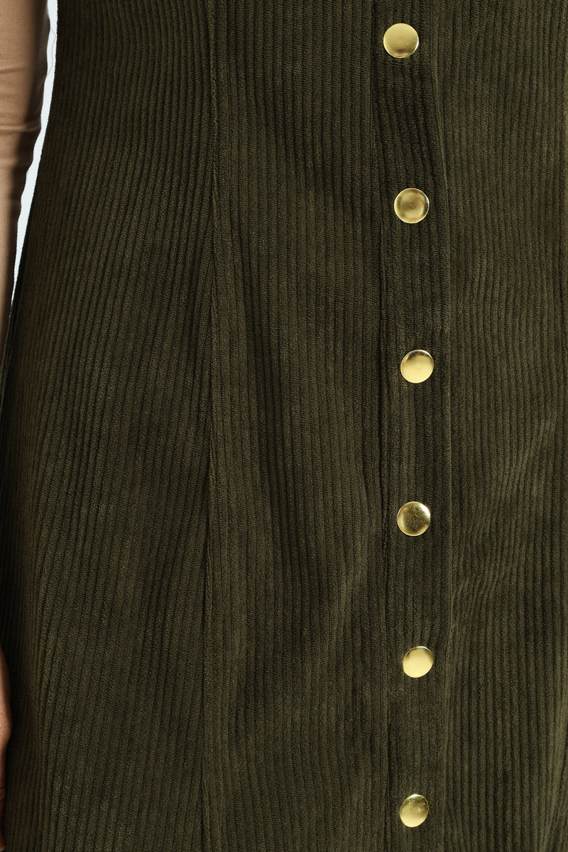 V-Neck Button Through Panelled Fit & Flare Corduroy Midi Dress - Dark Fatigue