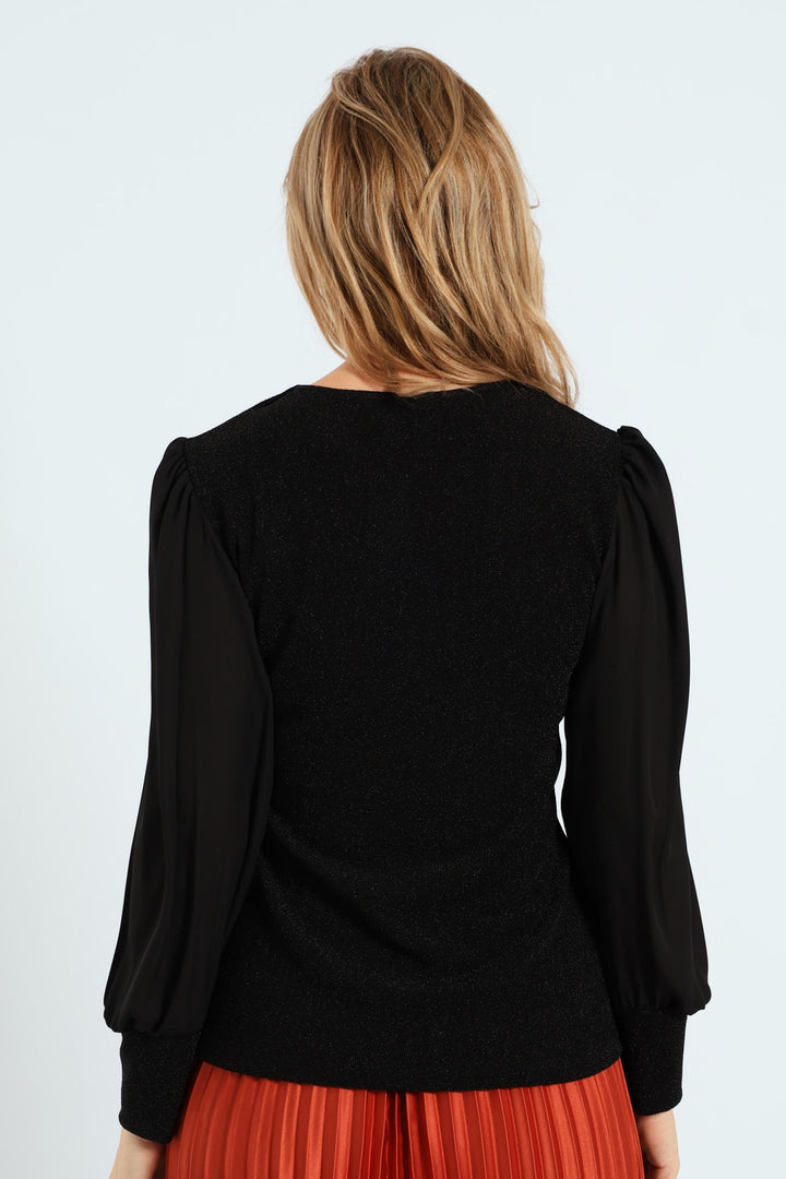 V-Neck Shimmer Combo Blouse - Black