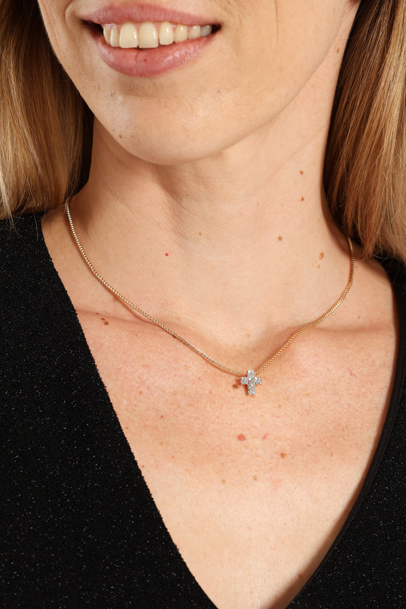 Double Diamante Cross Chain Necklace - Gold
