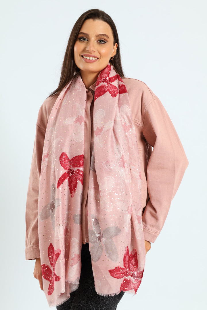 Floral Print Foil Scarf - Dusty Pink
