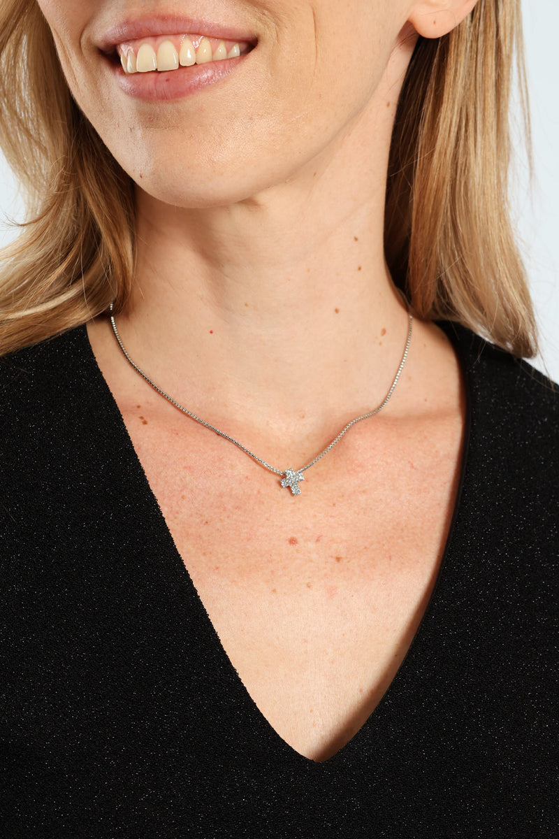 Double Diamante Cross Chain Necklace - Silver