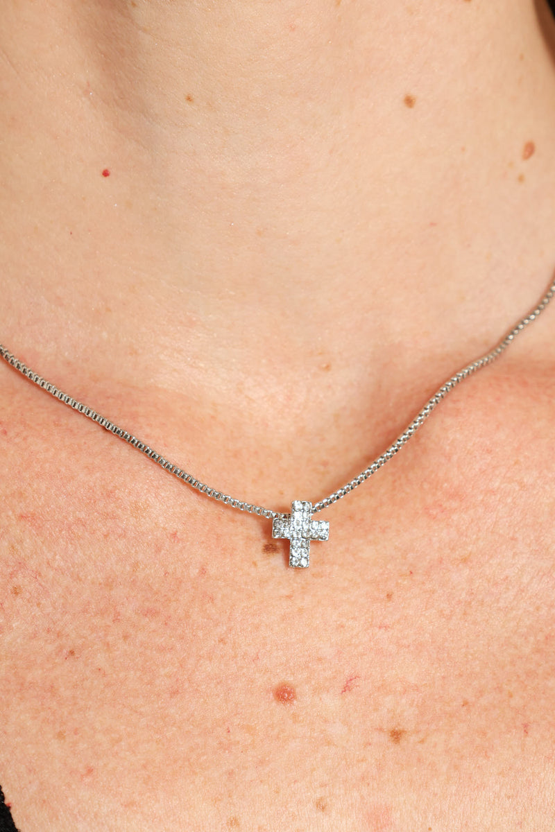 Double Diamante Cross Chain Necklace - Silver