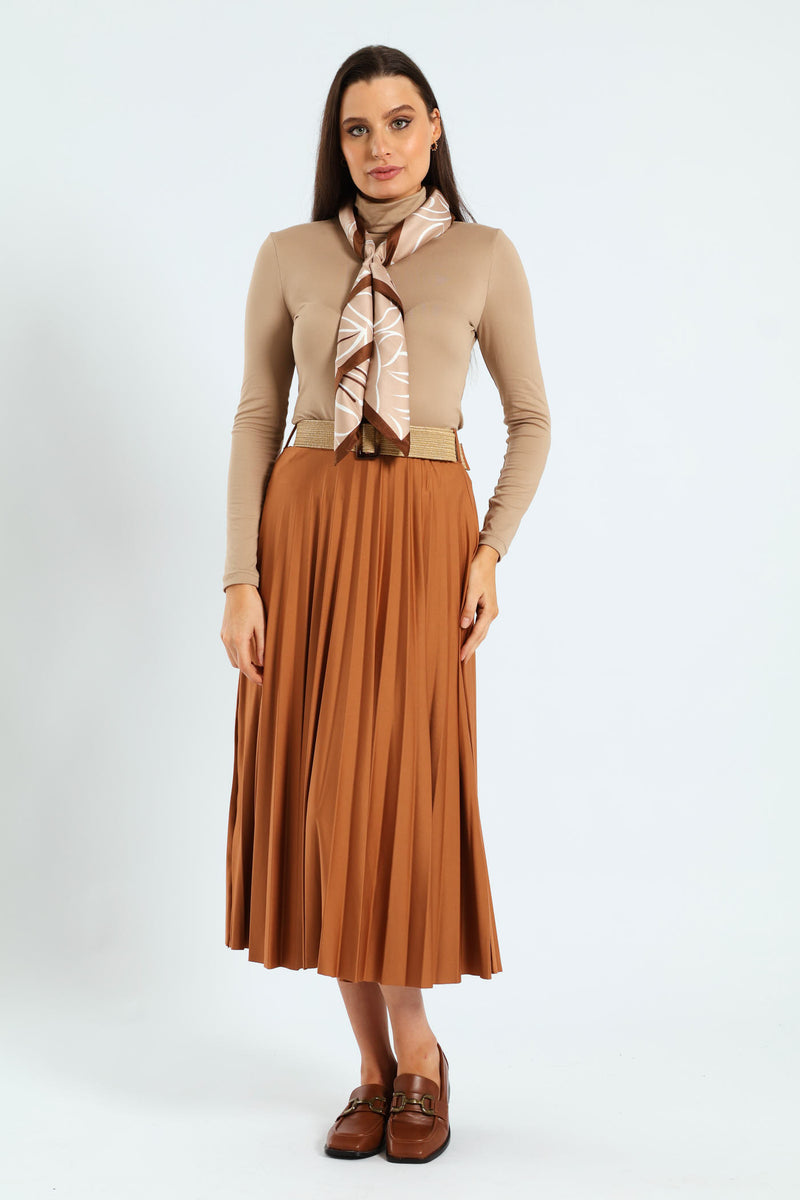 Belted Pleated Maxi Skirt - Caramel