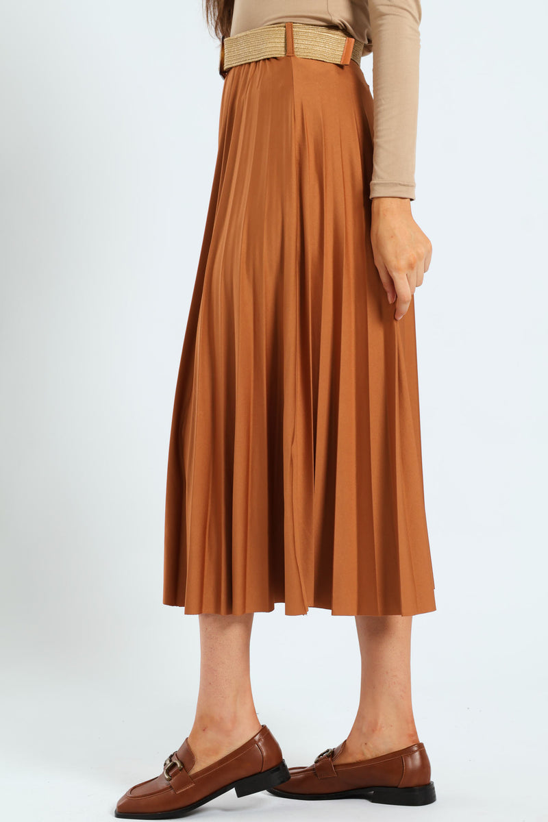 Belted Pleated Maxi Skirt - Caramel