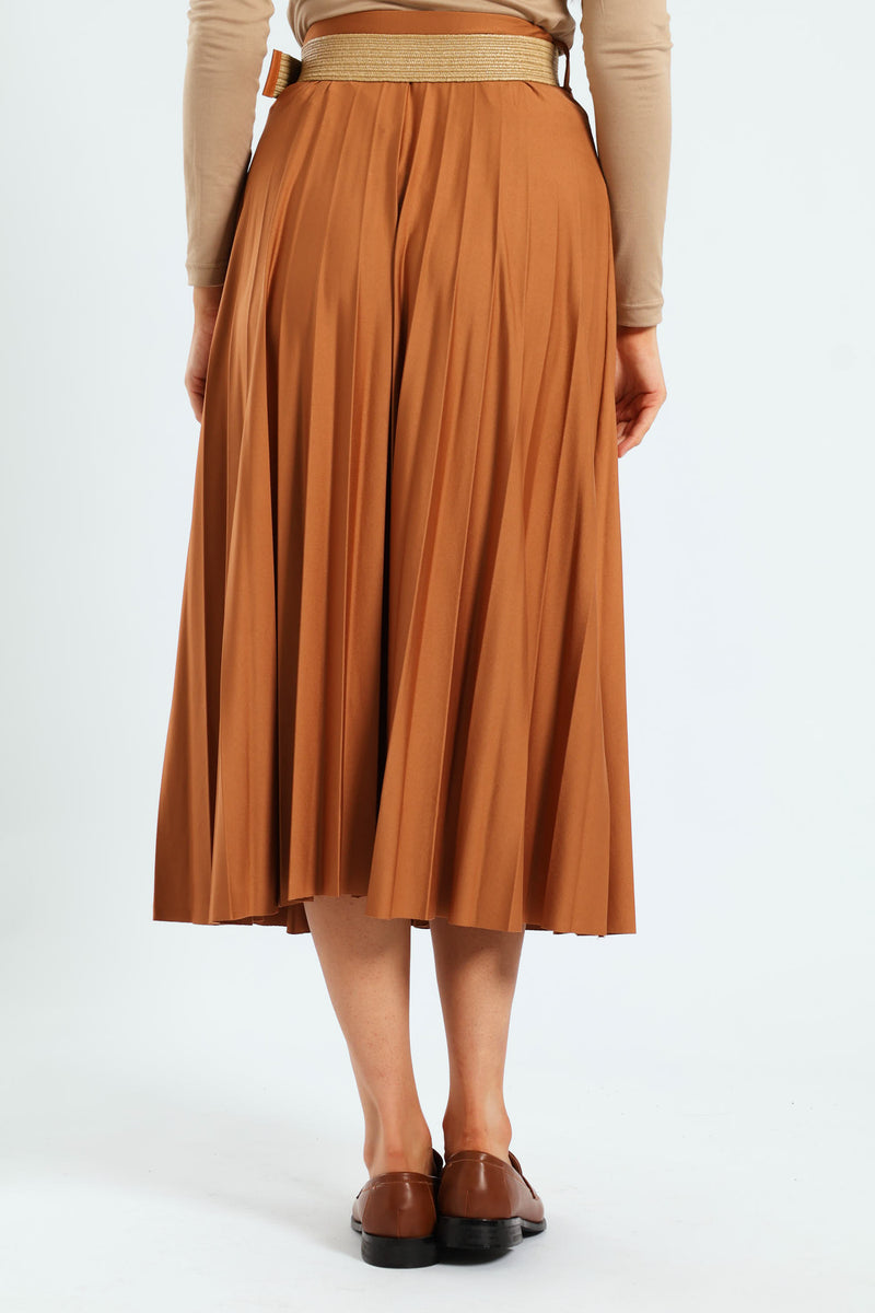 Belted Pleated Maxi Skirt - Caramel