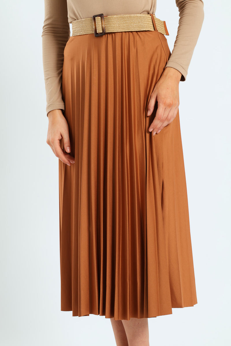 Belted Pleated Maxi Skirt - Caramel