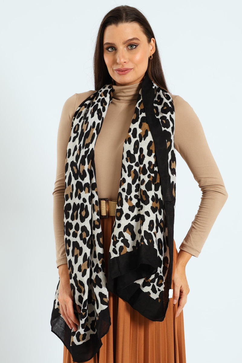 Leopard Boarder Print Viscose Scarf - Black