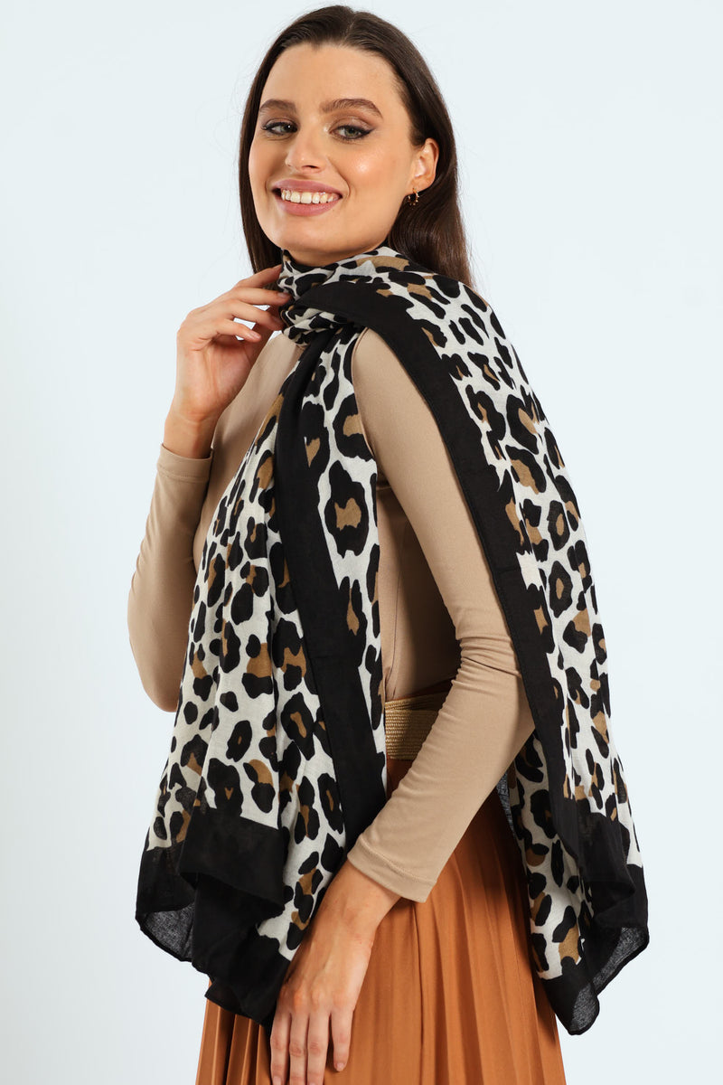 Leopard Boarder Print Viscose Scarf - Black