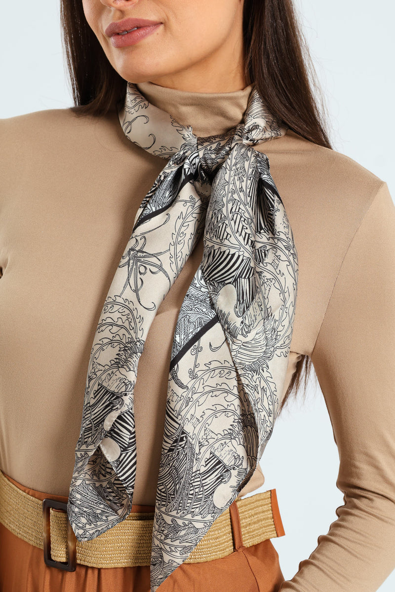 Floral Boarder Print Satin Feel Scarf - Light Grey