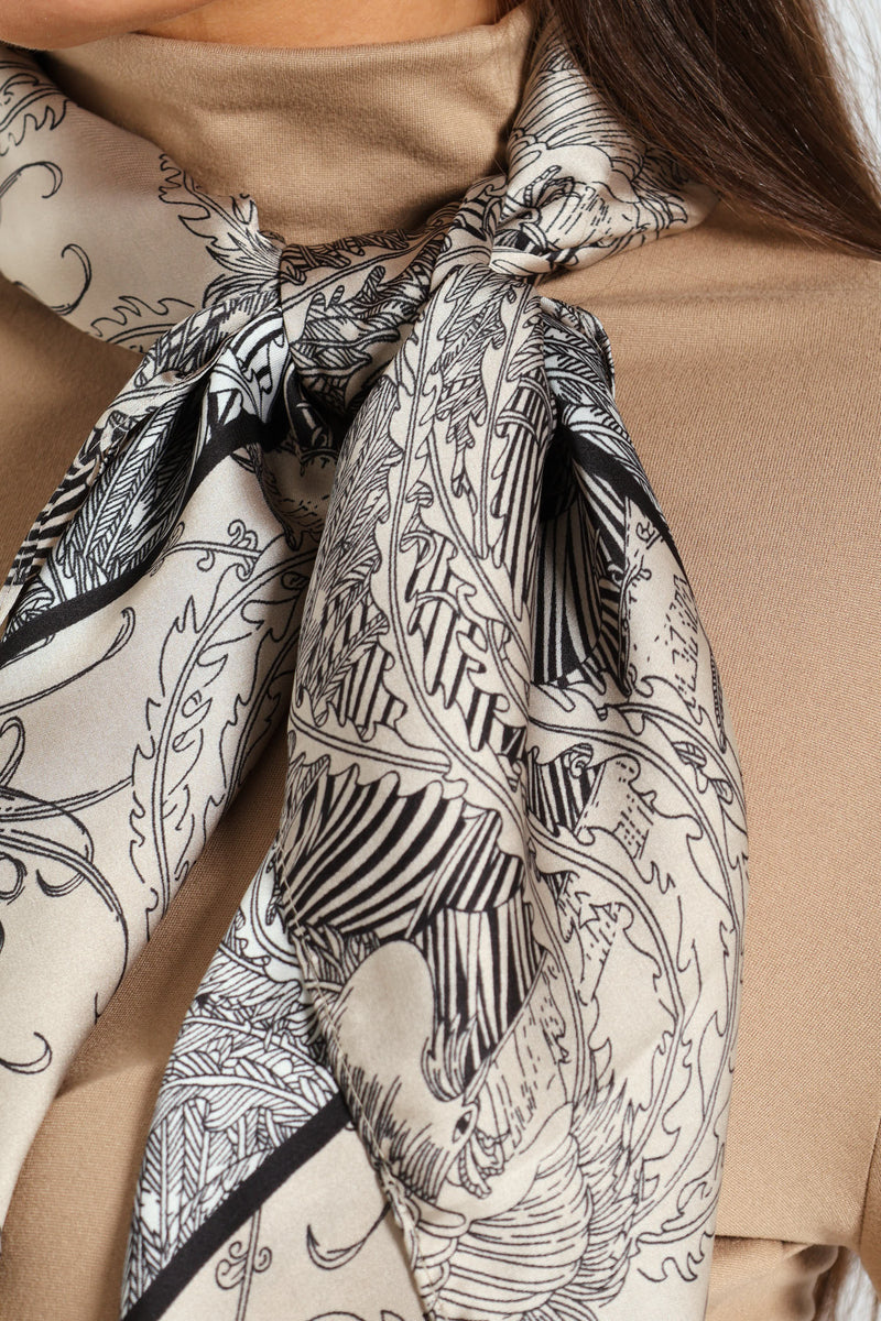 Floral Boarder Print Satin Feel Scarf - Light Grey