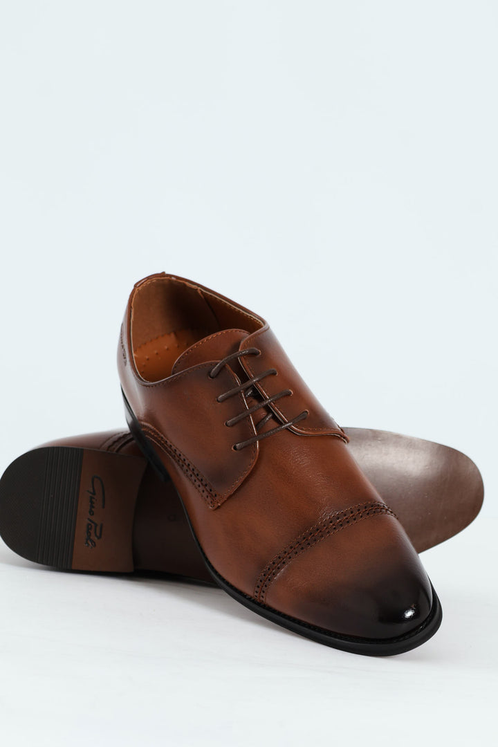 Toe Cap Stitch & Lazer Punch Derby Shoe - Tan