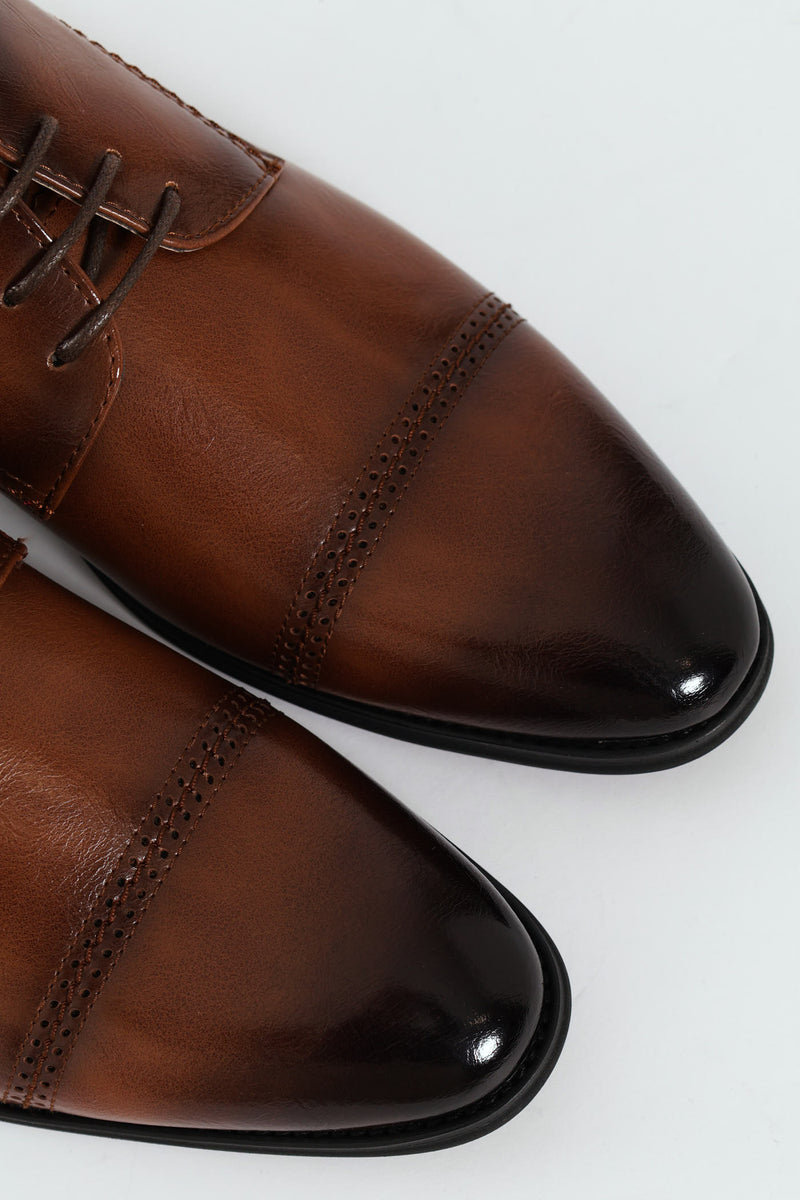 Toe Cap Stitch & Lazer Punch Derby Shoe - Tan