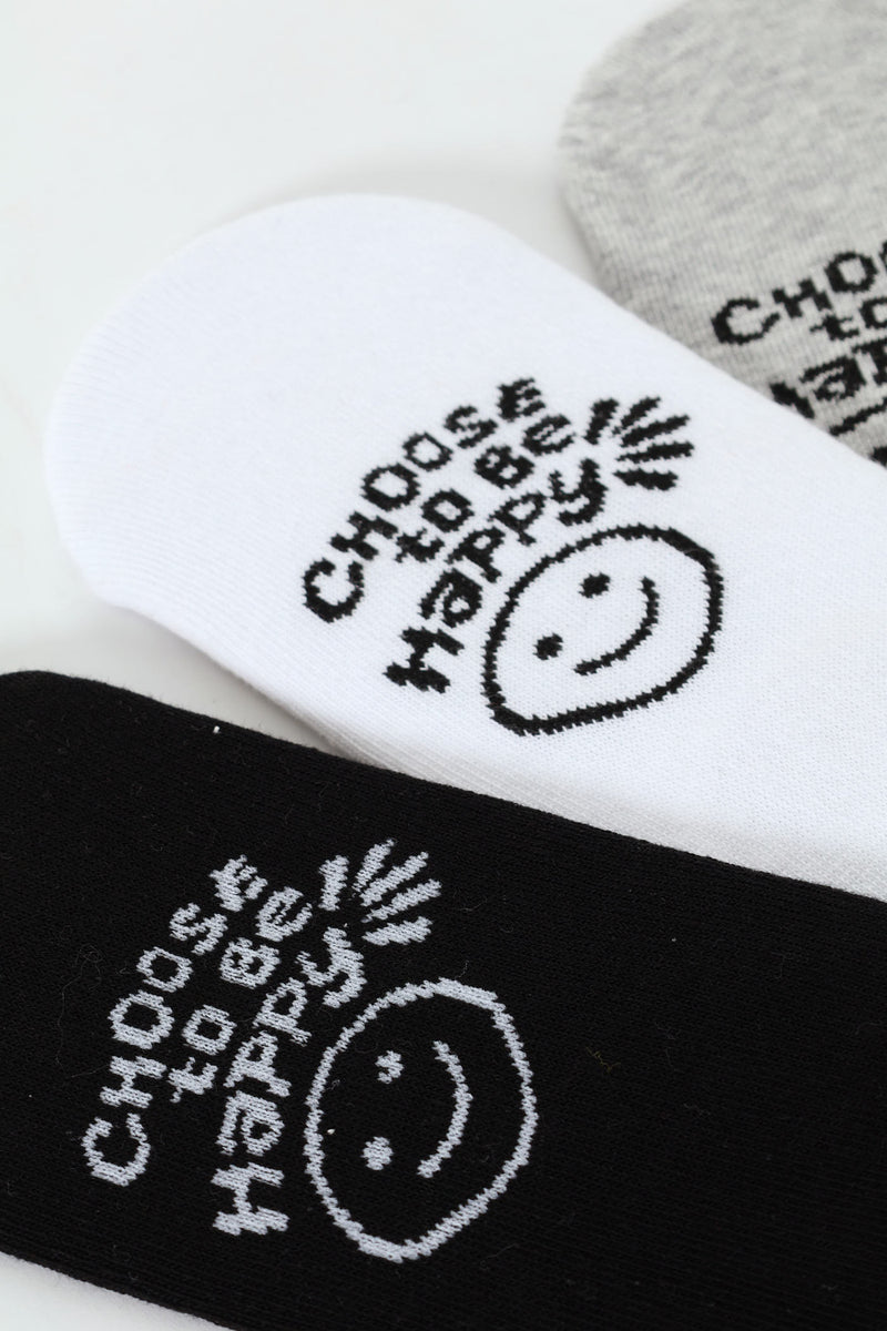 3 Pack Choose Happy Secret Socks - Black/White/Grey