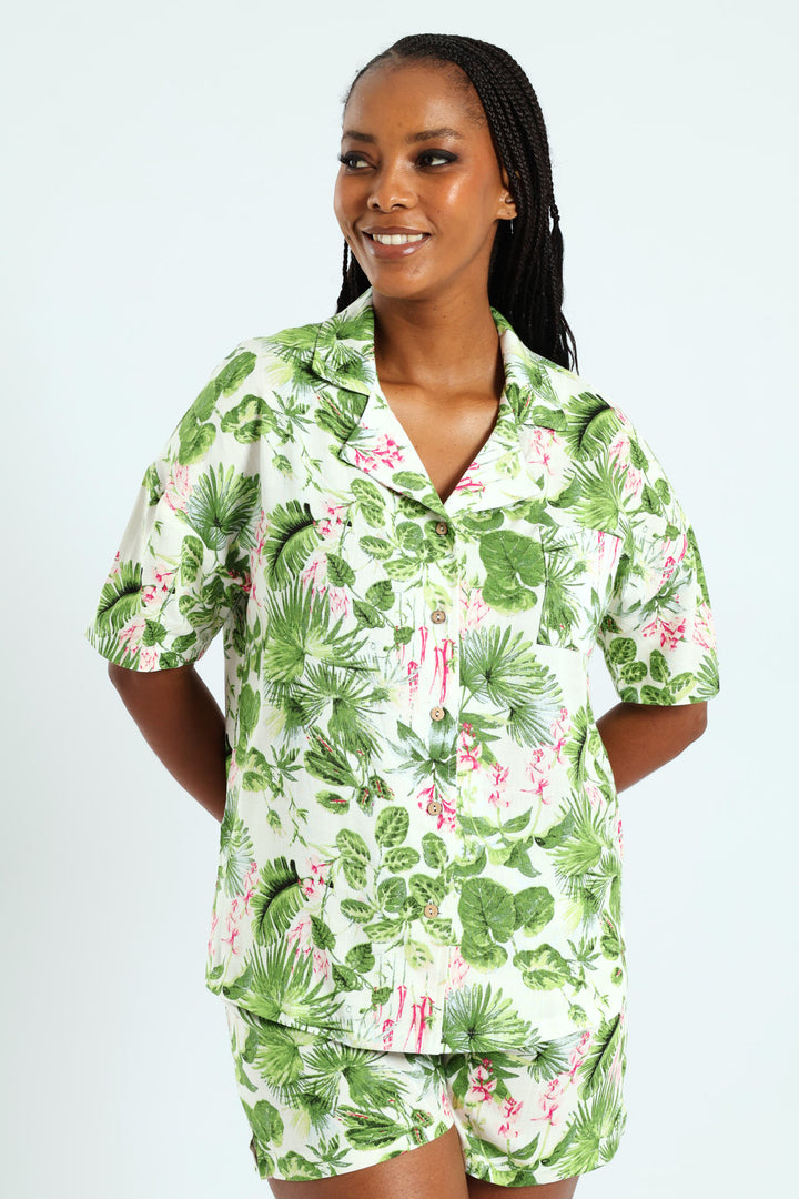Button Through Jungle Linen Short Set - Multi